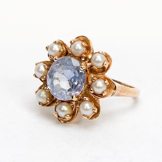 Lilac Sapphire & Pearl Ring in 14k Yellow Gold