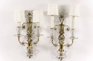 Pair of 1920's French Bronze & Crystal Sconces