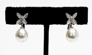 14k White Gold Pearl Drop Earrings, Diamond Accent