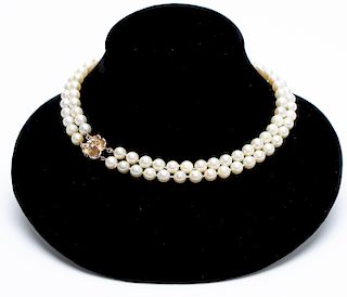 Double Strand Round Pearl Necklace, 14k Gold Clasp