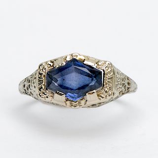 Art Deco Style 14k White Gold & Sapphire Ring
