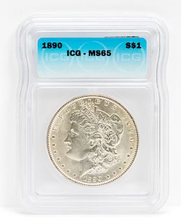 1890 $1 Morgan Silver Coin, MS 65
