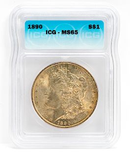 1890 $1 Morgan Silver Coin, MS 65