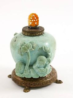 Chinese Carved Turquoise Figural Inkwell