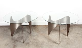 Pair of Brushed Steel & Glass Top Side Tables