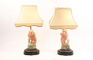 Pair of Chinese Pink & Green Jade Table Lamps