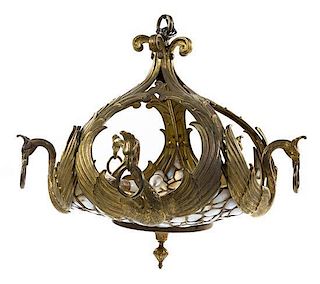 A Neoclassical Style Gilt Bronze and Opalescent Leaded Glass Chandelier, Height 29 x diameter 28 inches.