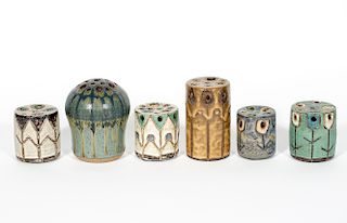 Six Studio Pottery Flower Frog Vases, Signed