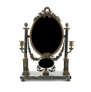 An Empire Style Gilt Metal and Marble Dressing Mirror, Height 19 3/4 x width 13 1/2 x depth 4 3/4 inches.
