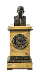 A French Patinated Bronze and Sienna Marble Mantel Clock, Height 18 3/4 inches.