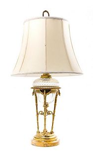 An Empire Style Gilt Bronze, Marble and Cut Glass Oil Lamp, Height overall 30 inches.