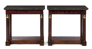 A Pair of Empire Style Mahogany and Gilt Bronze Mounted Console Tables, Height 30 1/4 x width 32 3/4 x depth 14 3/4 inches.