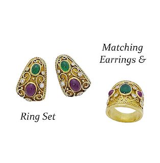 18k Gold Ruby Diamond & Emerald Ring & Earrings