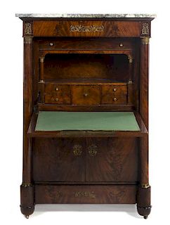 An Empire Gilt Bronze Mounted Flame Mahogany Secretaire a Abattant, Height 56 1/4 x width 38 5/8 x depth 18 5/8 inches.