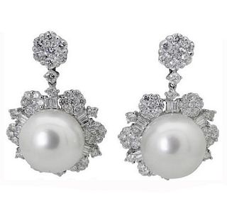 18k Over 3.00 TCW Diamond & Pearl Drop Dangle Earrings
