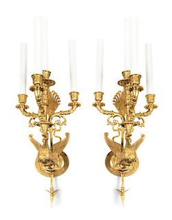 A Pair of Empire Style Gilt Bronze Four-Light Sconces, Height 27 1/2 inches.