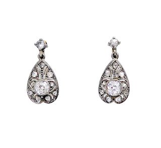 1920's 14k Gold & Silver 1.00 TCW Diamond Earrings