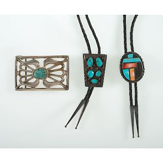 Navajo Silver and Turquoise Bolo Tie and Belt Buckle PLUS, From the Estate of Krystal E. Nitschke, Chicago, Illinois