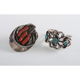 Navajo Turquoise and Silver Cuff PLUS A Silver and Coral Belt Buckle
