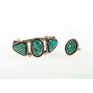 Esther Wood (Dine, b. 1946) Navajo Silver and Turquoise Cuff Bracelet and Ring