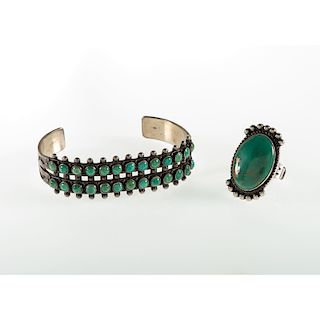 Zuni Silver and Petit Point Turquoise Cuff Bracelet PLUS A Navajo Silver and Turquoise Ring