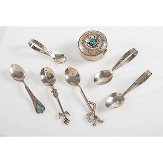Navajo Silver Salt Spoons PLUS Sterling Silver and Turquoise Trinket Box