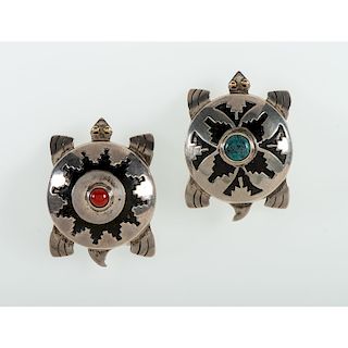 Leonard Nez (Dine, act. 1980) Navajo Sterling Silver Overlay and Gold Turtle Rattles