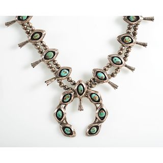 Navajo Silver and Turquoise Shadowbox Squash Blossom Necklace