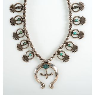 Navajo Sand Casted Silver and Turquoise Squash Blossom Necklace