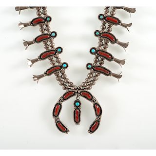 Navajo Silver, Turquoise, and Coral Squash Blossom Necklace