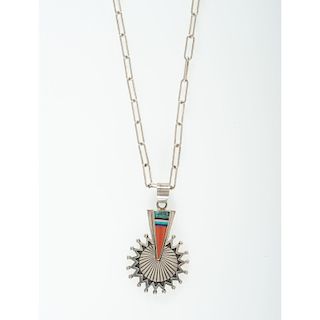 Richard Begay (Dine, 1943-2013) Navajo Sterling Silver Overlay with Coral Inlay Necklace