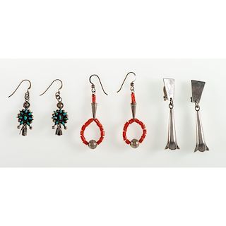 Navajo, Zuni, and Kewa Sterling Silver, Turquoise, and Coral Earrings
