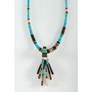 Hallmarked Kewa Rolled Turquoise and Shell Necklace