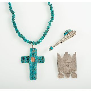 Pueblo Sterling Silver and Turquoise Pins and Necklace