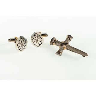 Mexican Sterling Silver Cuff Links And 14K Gold and Sterling Pin
