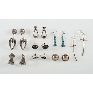 Collection of Southwestern Silver, Turquoise, Coral, and Onyx Earrings