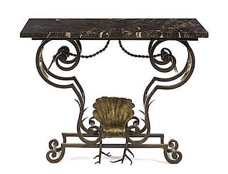 A Neoclassical Style Iron and Gilt Metal Console Table, in the manner of Gilbert Poillerat (French, 1902-1988), Height 32 x widt