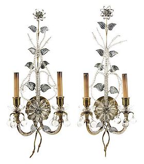 A Pair of French Glass and Gilt Metal Mounted Two-Light Sconces, in the manner of Maison Bagues, Height 27 1/2 inches.