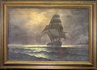 American School, Painting of Ship Near Lighthouse