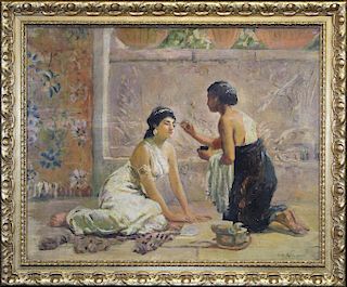 "The Trick", Signed 19th C. Painting of Two Women