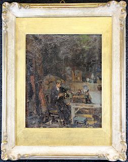 Signed, Impressionist Painting of Man in Workshop
