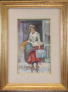 Signed, Impressionist Painting of Woman in Street