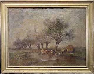 Large Antique Bucolic Landscape Painting