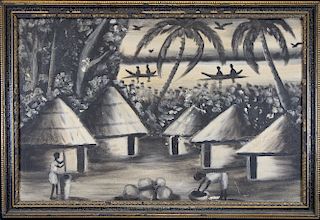 Haitian School, Village with Figures Painting