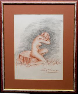 European School Pastel Signed Nude Sketch, 20th C