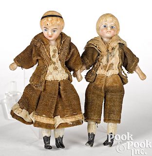 Two miniature bisque dollhouse twin dolls