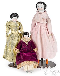 Three molded hair china head dolls