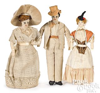 Three hand-made folk art cloth dollhouse dolls