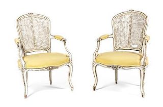 A Pair of Louis XV Style Painted Fauteuils, Height 35 inches.