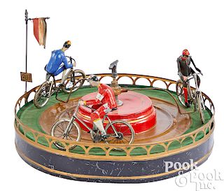 French painted tin clockwork bicycle race toy